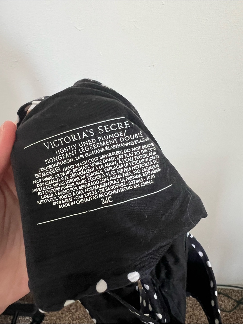 Victoria’s Secret Lightly Lined Plunge Bikini Top 34C Black White Polka Dot Swim - Picture 4 of 4